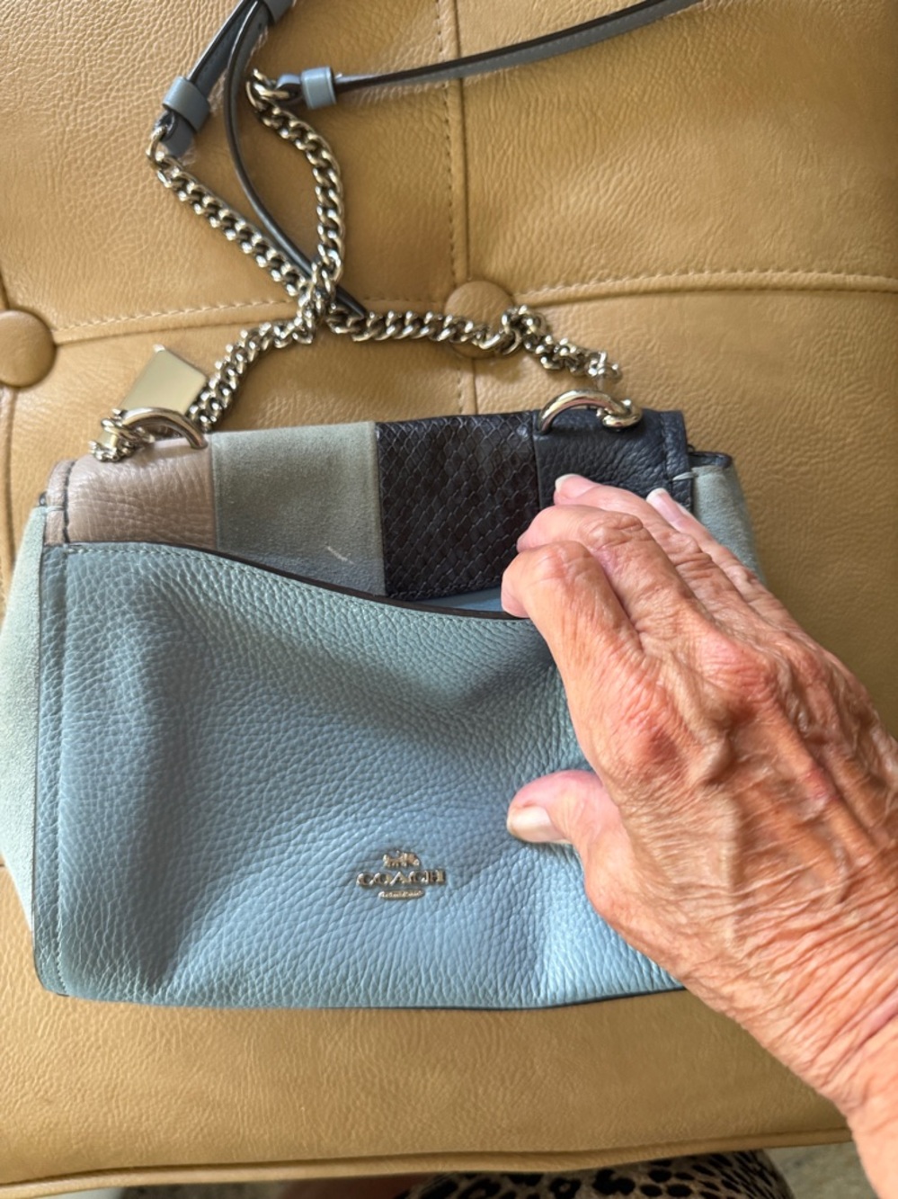 Coach Faye crossbody blue suede, snake python, embossed leather turn lock - Picture 3 of 14